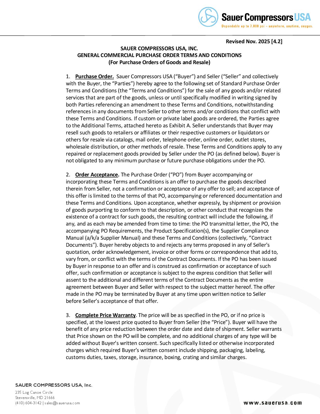 Sauer USA General Commercial Purchase Order Terms and Conditions
